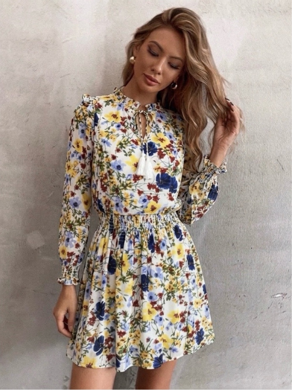 Banana Republic Dress Mini Smocked Floral Yellow Blue Long Sleeve XSP Boho Chic